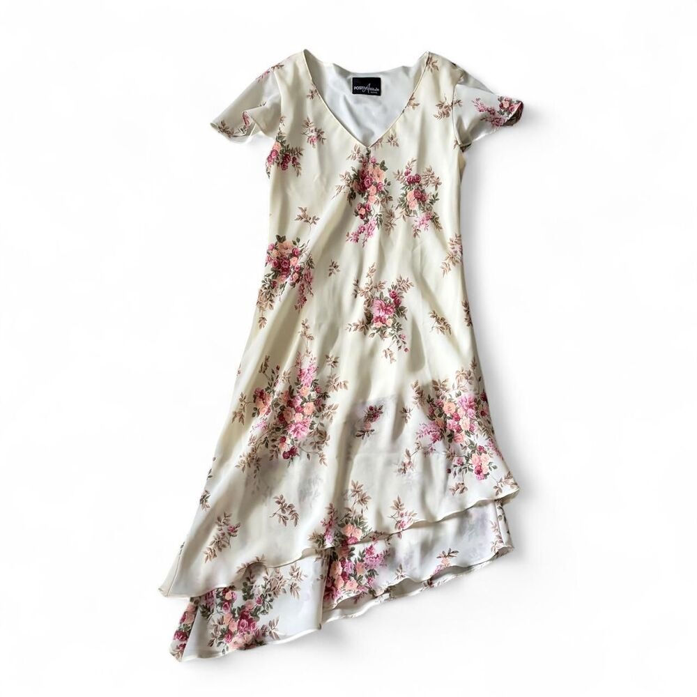Positive Attitude Vintage 90s Floral Asymmetrical Hem Dress Small Cream Pink